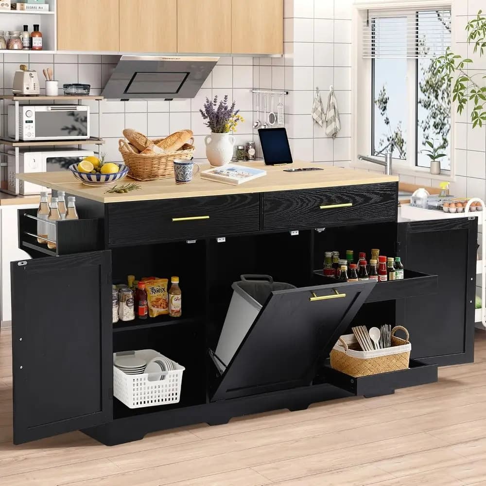 Isola Cucina Mobile 60 con Presa di Corrente, Piano Ribaltabile, Cestino, Vano Portaoggetti, Porta Spezie e Portasciugamani (Nero)
