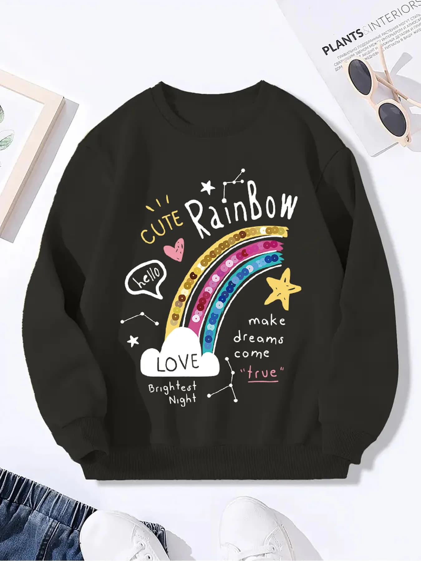 Children's clothing autumn and winter round neck letter rainbow pattern printed long sleeved hoodie top