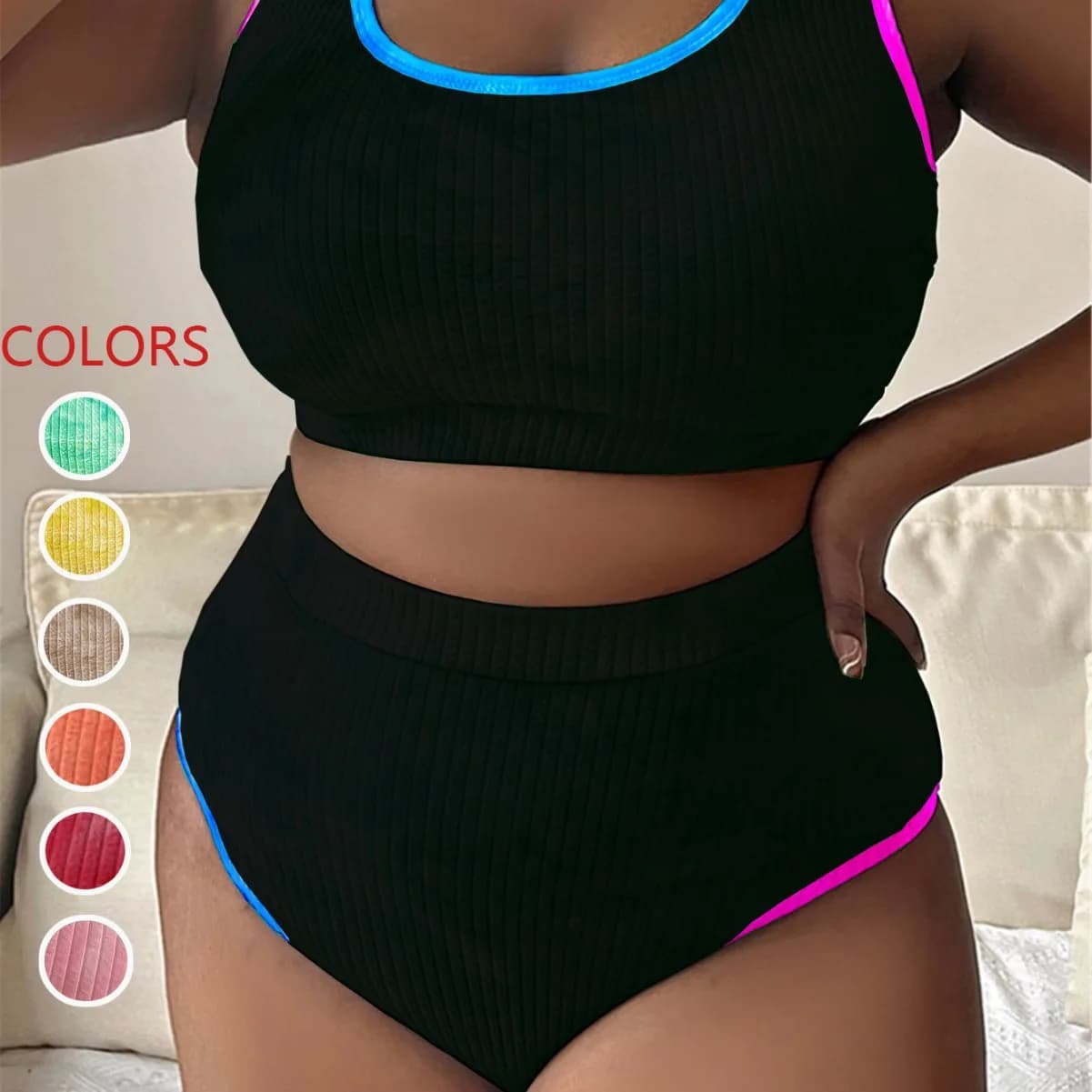 Nuovo Costume da Bagno Tankini Sexy Europeo e Americano per Taglie Forti, con Elastico a Contrasto, Orlo a Gilet e Tessuto Tie-Dye Diverso P017
