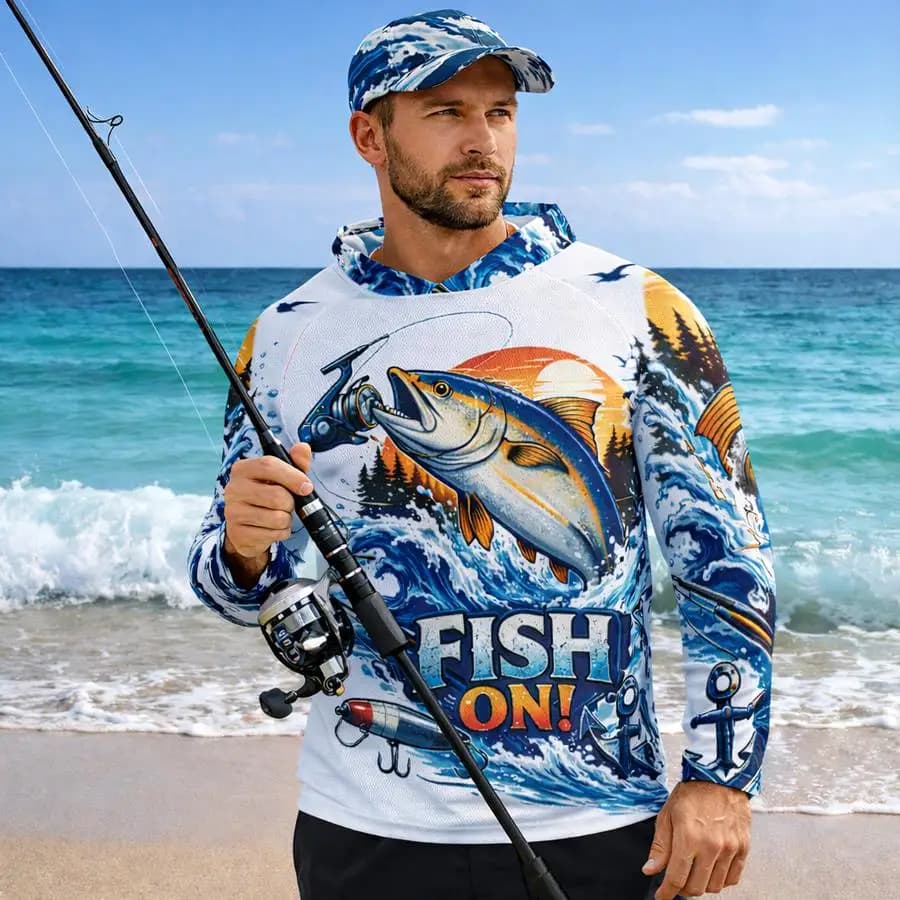 Felpa da Pesca per Uomo con Protezione Solare UPF 50+, Stampa Pescatori, Manica Lunga, Asciugatura Rapida