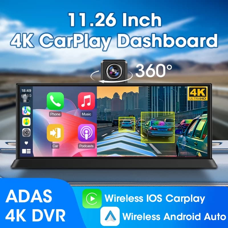 DVR for cars ADAS 4K from 10/11,26 inches 360 ° Wheel Dashcam 1080P Wireless Carplay rear camera and Android Auto Adas GPS navigation Double registration