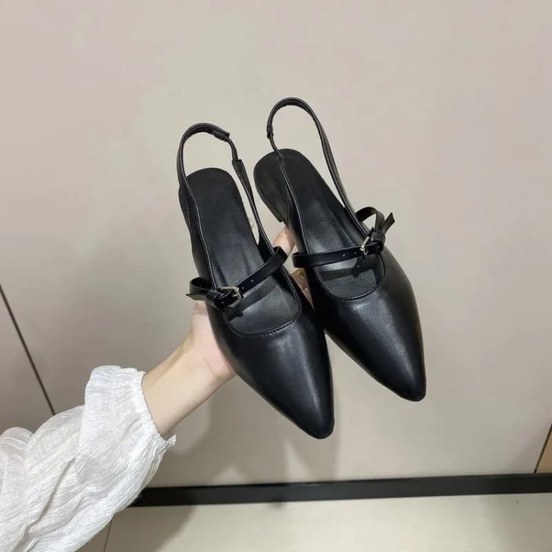 Sandali da Donna Classici Neri con Punta Affusolata in Pelle, Design con Fibbia alla Moda, Punta Chiusa e Tacco Basso - Sandalias Mujer