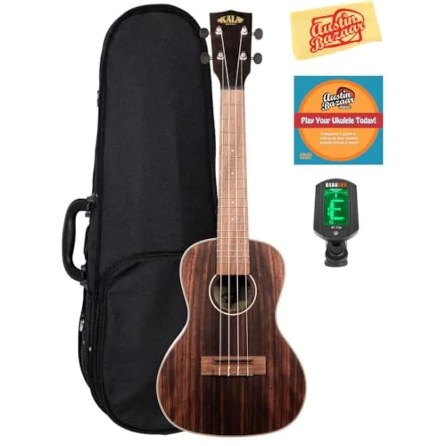 KA-EBY-C Ukulele da Concerto in Ebano Striato con Custodia Rigida, Accordatore, DVD Istruttivo Austin Bazaar e Panno per Lucidatura