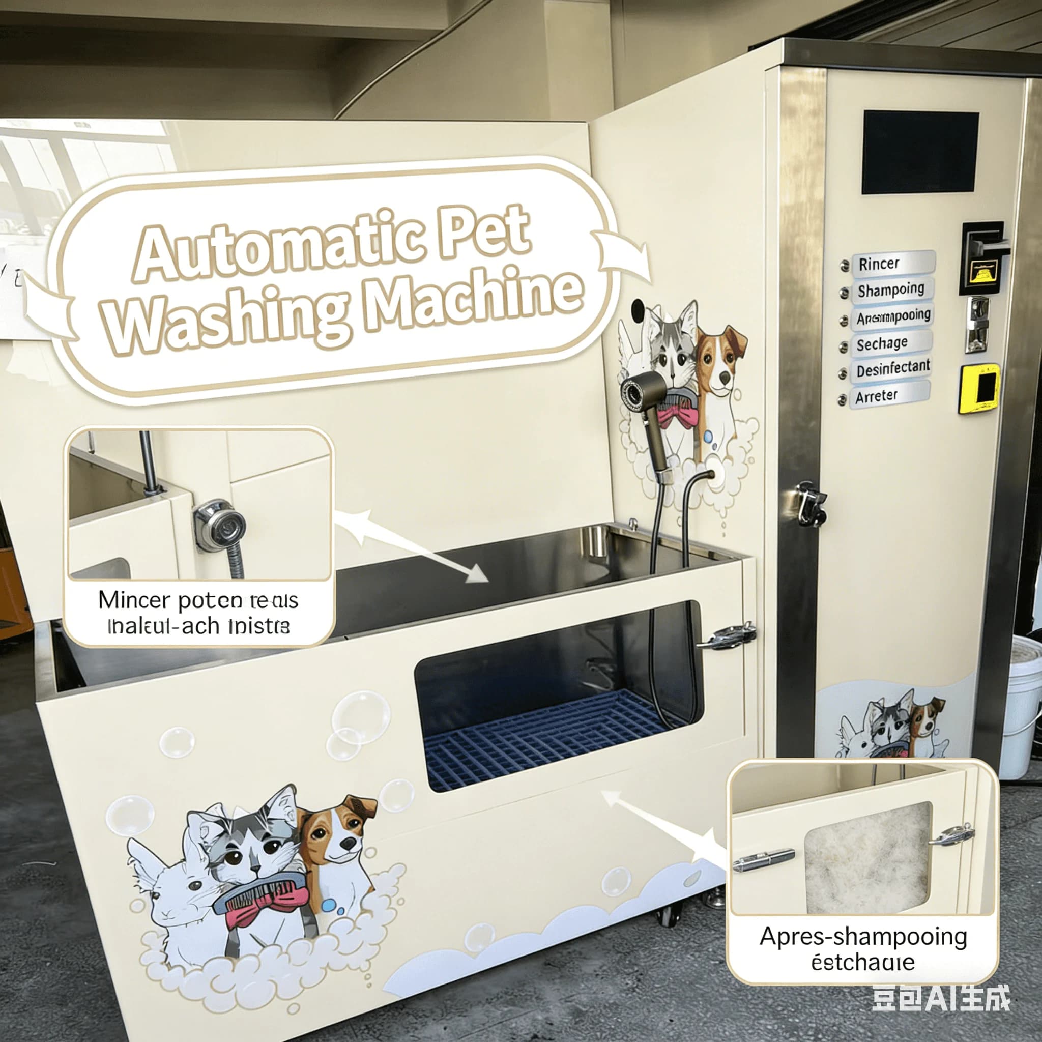 Stazione di lavaggio self-service per cani a moneta, distributore automatico di shampoo, vasca spa per animali domestici per parchi e negozi di animali