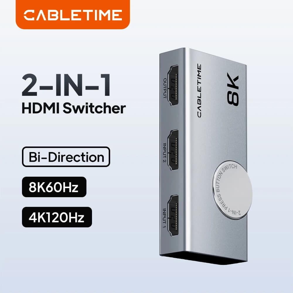 CABLETIME Splitter HDMI 8K 60Hz 4K 120Hz 2 in 1 Switcher 3D Vision Adattatore con design a manopola in alluminio per laptop Macbook Lenovo C457