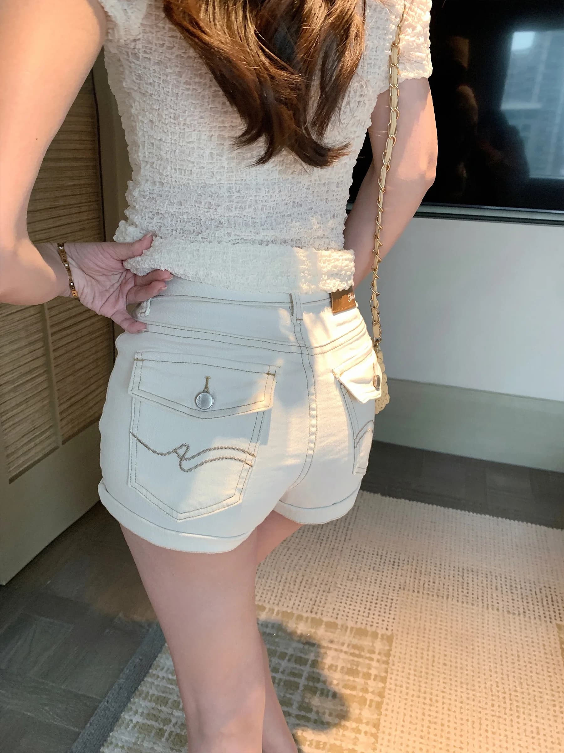 Shorts in denim a vita alta da donna, estivi, modellanti, casual, a gamba dritta, con dettagli tasche e chiusura a bottoni