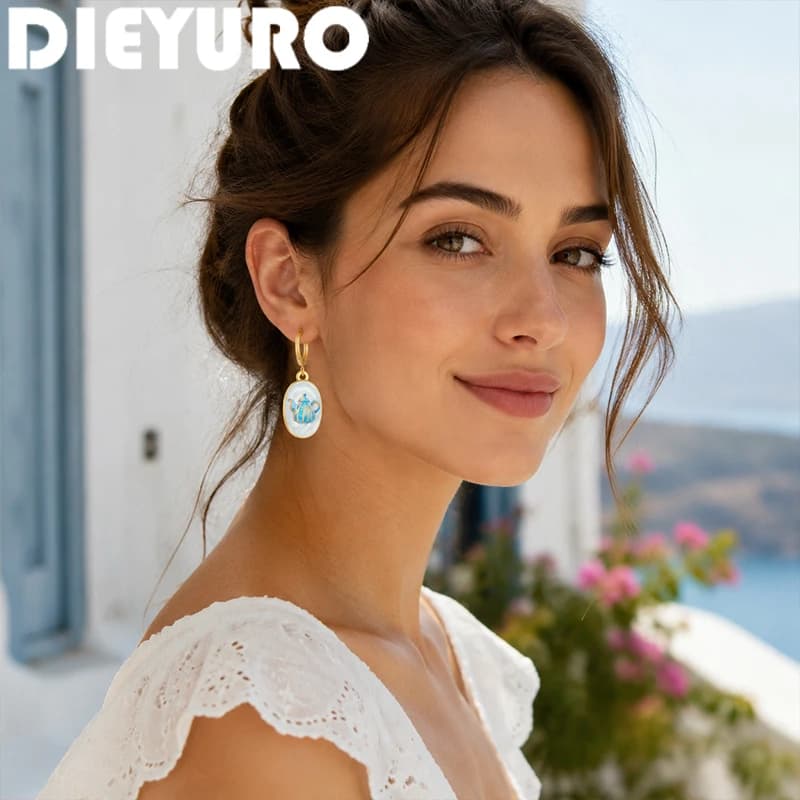 DIEYURO 316L Stainless Steel Pastel Multicolor Enamel Flower Dangle Huggie Hoop Earrings Lady Floral Spring Earring Jewelry Gift