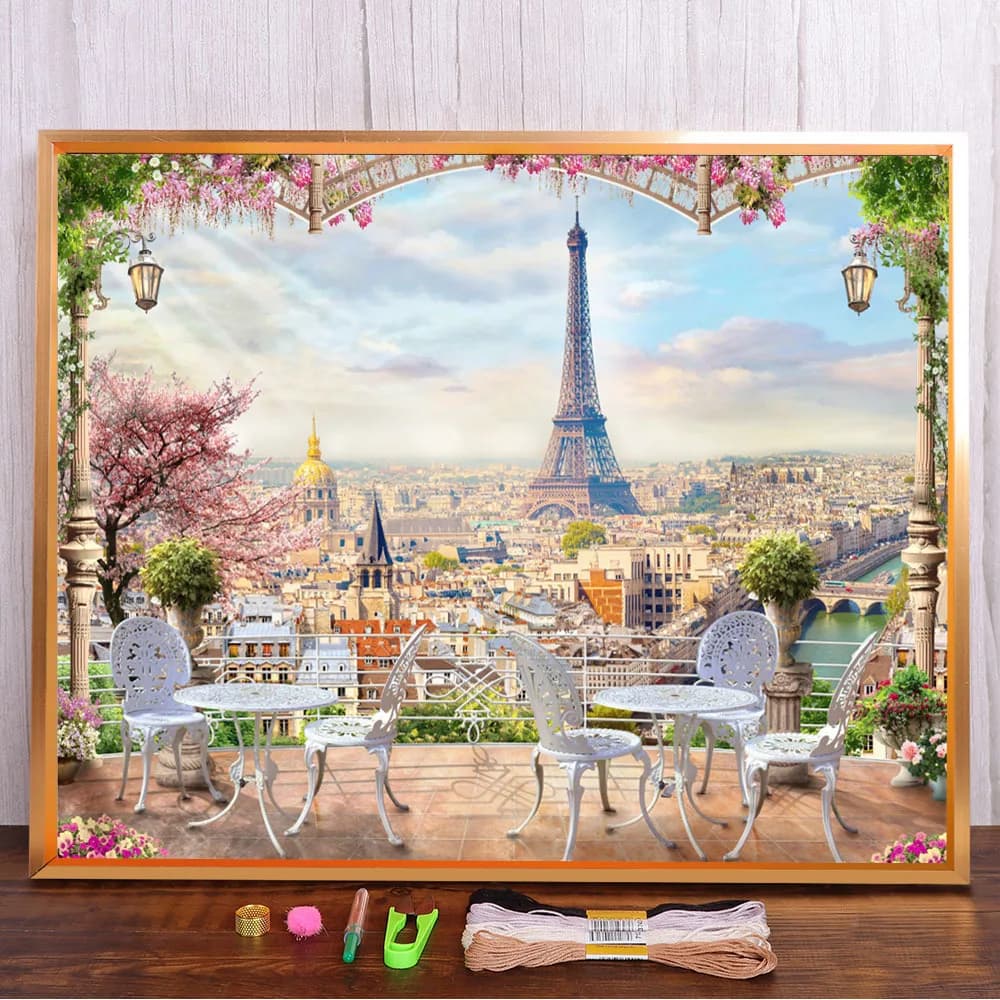 City Paris Landscape Printed Water-Soluble Canvas 11CT Cross Stitch Full Kit Embroidery DMC Threads Knitting Mulina