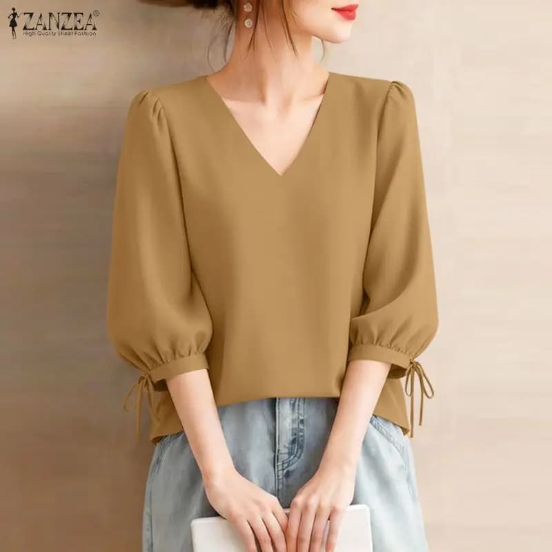 Camicetta da Lavoro Estiva 2026 a Tinta Unita ZANZEA, Camicia Elegante da Ufficio da Donna con Scollo a V e Maniche a 3/4, Tunica Casual Elegante per Vacanze, Top Donna