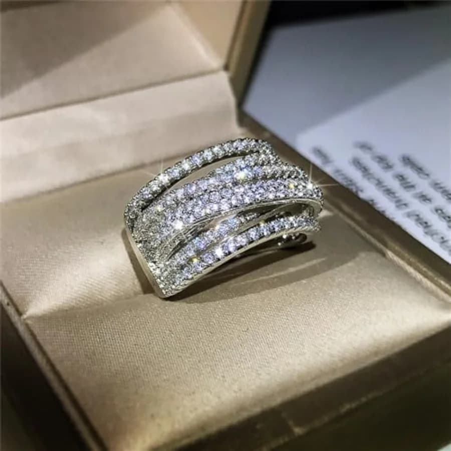 925 Sterling Silver Shiny Full Diamond Gemstone Ring 18K Gold Cocktail Criss Cross Cubic Zirconia Ring CZ Diamond Multi Row Rin