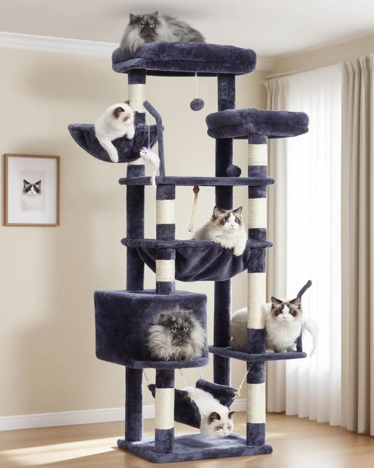 Grande Albero per Gatti con 2 Piattaforme, Cesti, Cuccia e Giocattoli - Tiragraffi da 63 Pollici per Gatti da Interno in Grigio Fumo