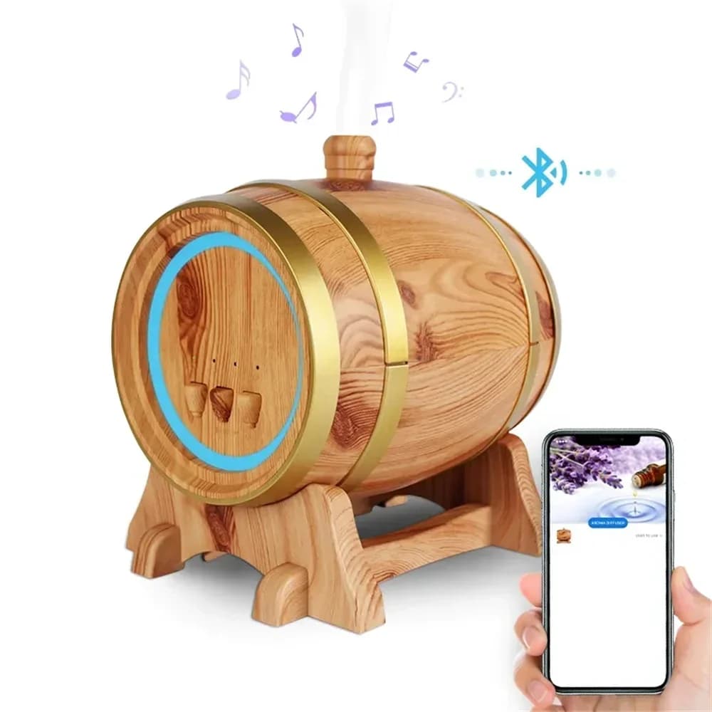 Umidificatore per oli essenziali con diffusore di aromi musicali Bluetooth Diffusore d'aria per venature del legno Spegnimento automatico Spruzzatore di nebbia 7 luci a LED per la casa