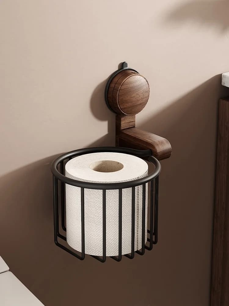 Portarotolo da Bagno Batoom in Legno di Noce Stile Nordico, Portaoggetti da Bagno Senza Foratura, con Ventosa