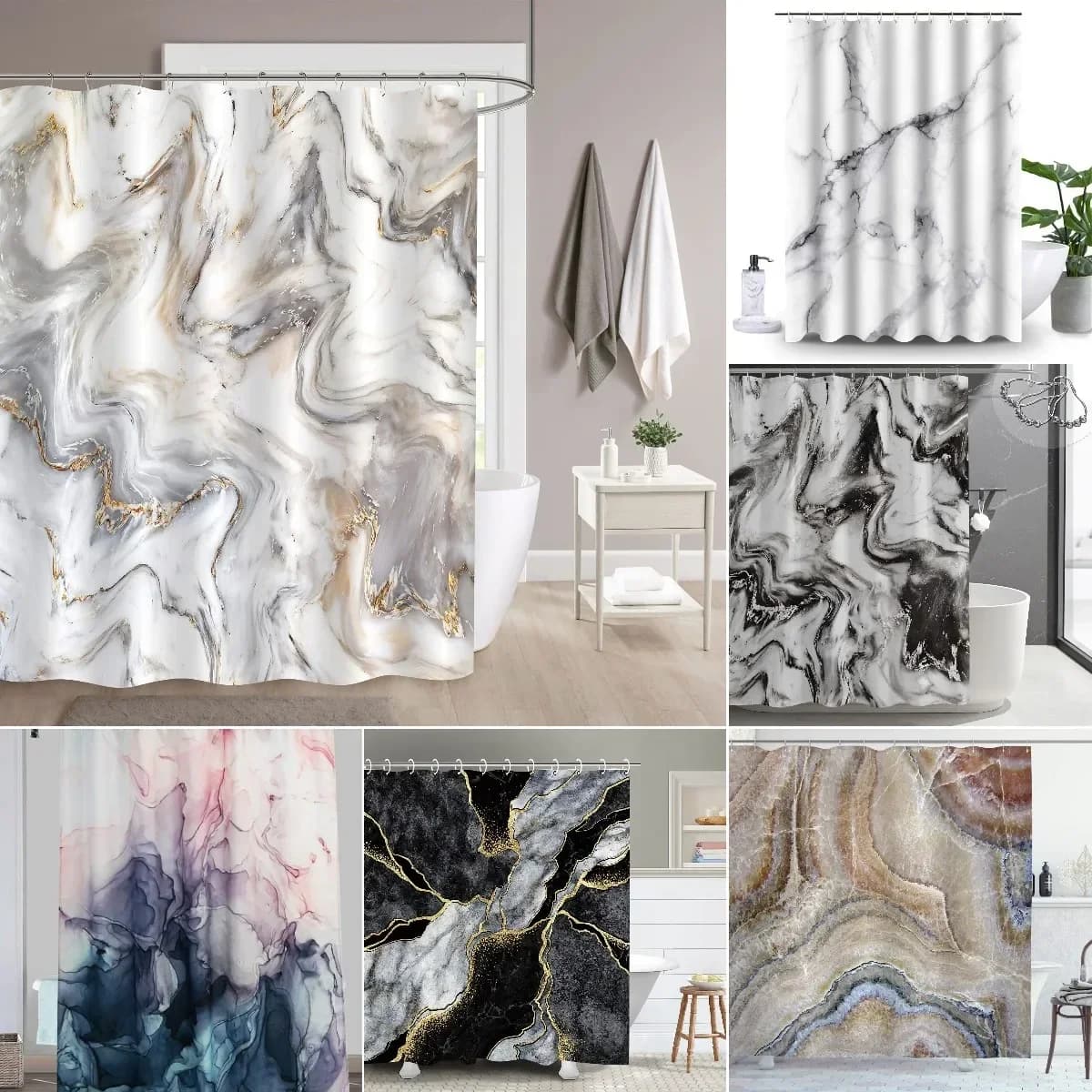 Set of shower curtains with gold gray marble ink structure, set of modern abstract shower curtains for bathroom furniture, waterproof washable fabric