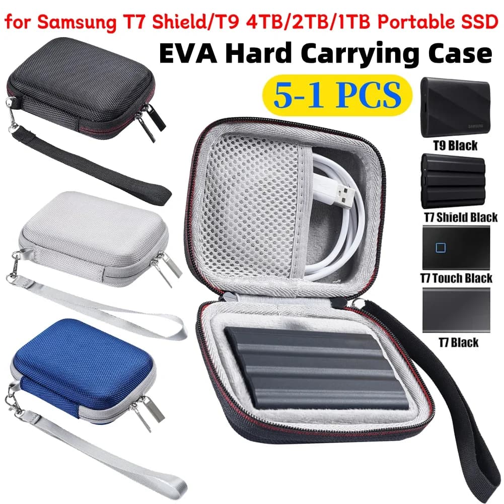 Custodia per disco rigido in EVA antiurto con borsa a rete e cinturino da polso per SSD portatile Samsung T7 Shield/T9 4TB/2TB/1TB