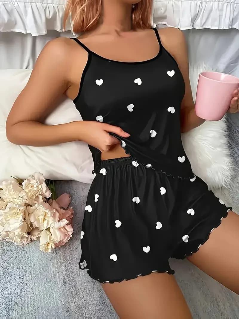 Pigiama con stampa a cuore Set girocollo Cami Top e finiture in lattuga Casual rotondo Indumenti da notte estivi da donna sexy Indumenti da notte morbidi