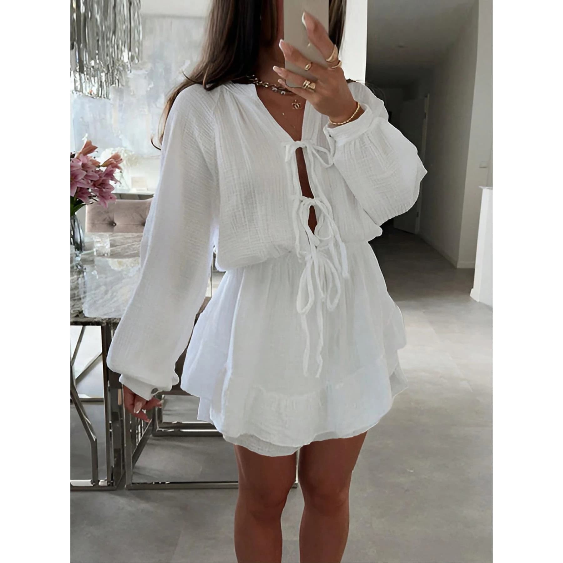 Fashionable Pure Color Belted Open Cardigan round Neck Lantern Sleeve High Waist Dress Short Skirt Commute Style Women's Clot...