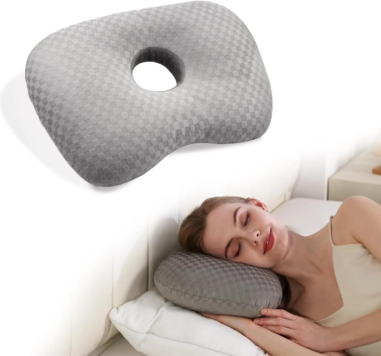 Ear Piercing Pillow with an Hole for CNH and Pain Ear Inflammation Pressure Sores for Side Sleepers, Washable (Gray)