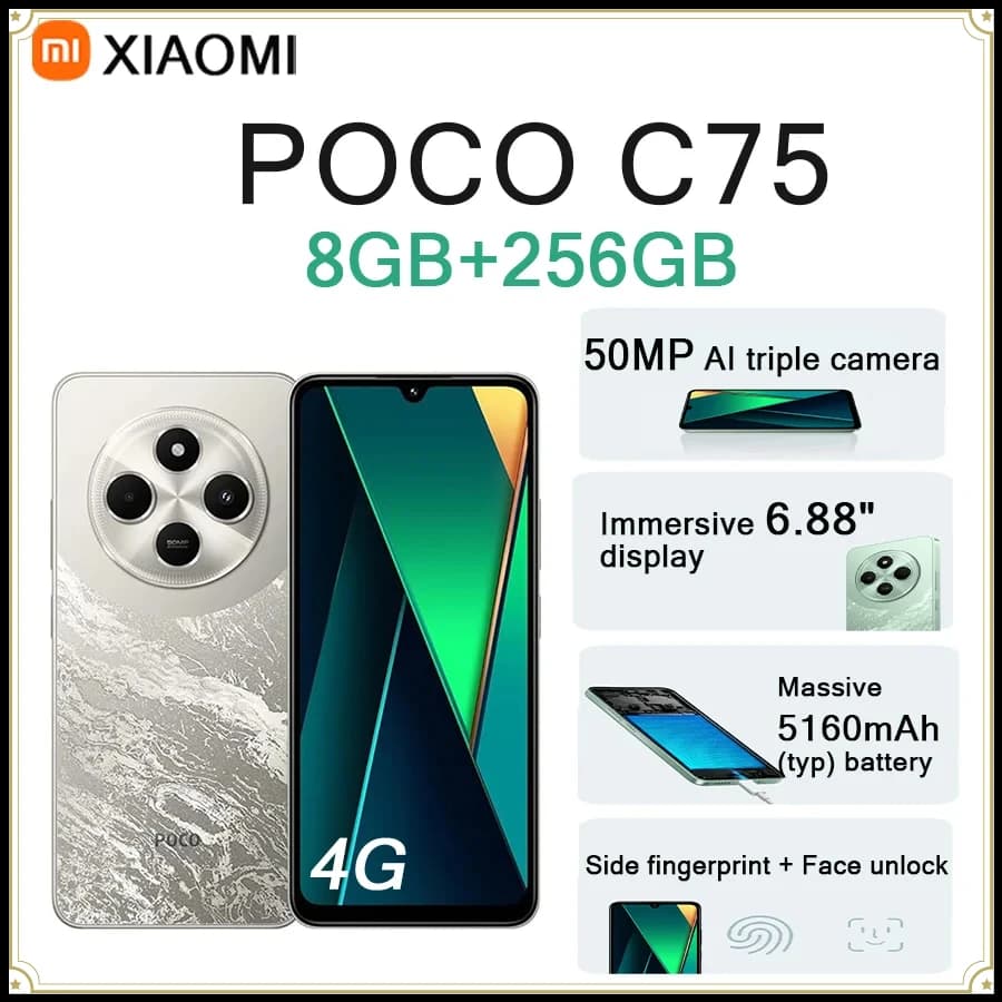 Global Version Xiaomi POCO C75 4G Unlocked Smartphone 6.88" 120Hz Screen 5000mAh 50MP Camera Dual SIM HyperOS Cell Phone