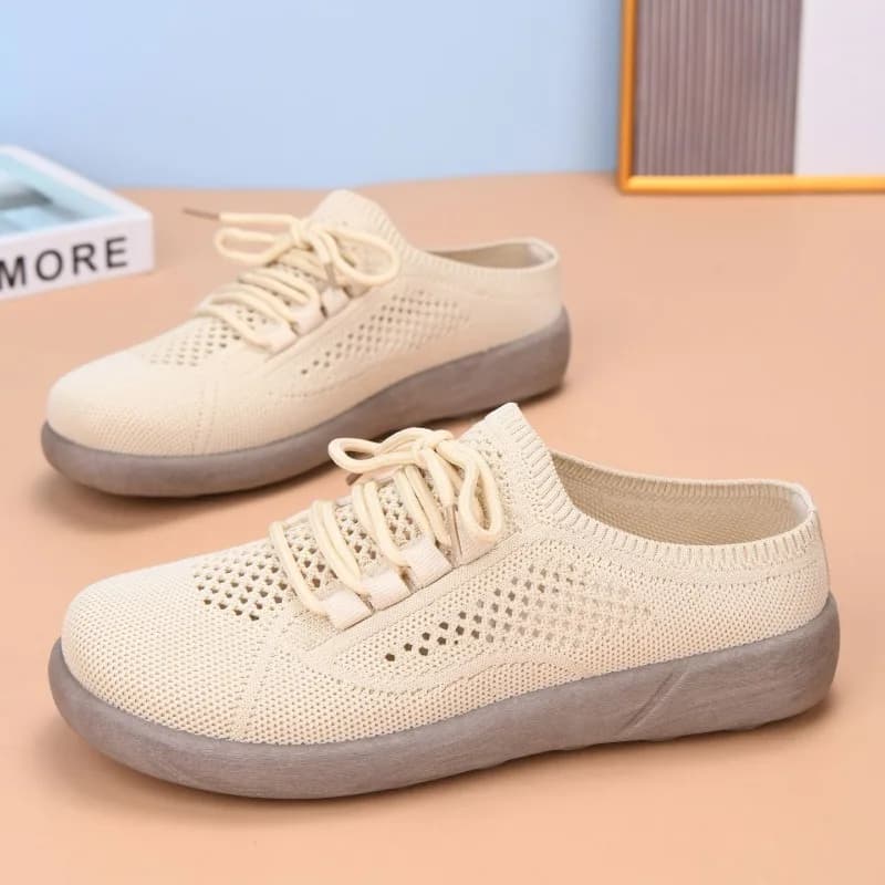 Ladies Breathable Knitted Mesh Half Slippers Lace‑Up Thick‑Bottom Non‑Slip Closed‑Toe Mules Outdoor Casual