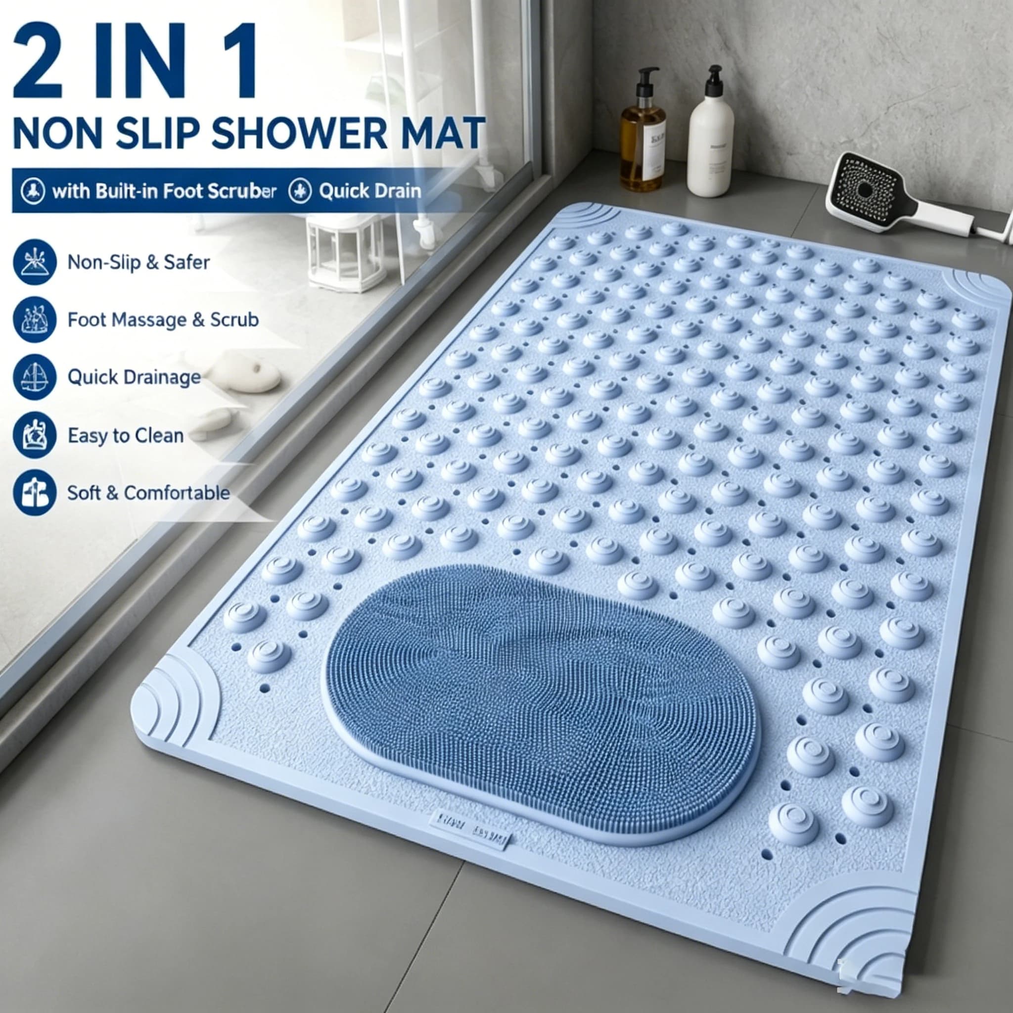 2 in 1 Non Slip Shower Mat with Built-in Foot Scrubber Quick Drain Bath Mat Powerful Suction Cup for Bathroom Shower Floor