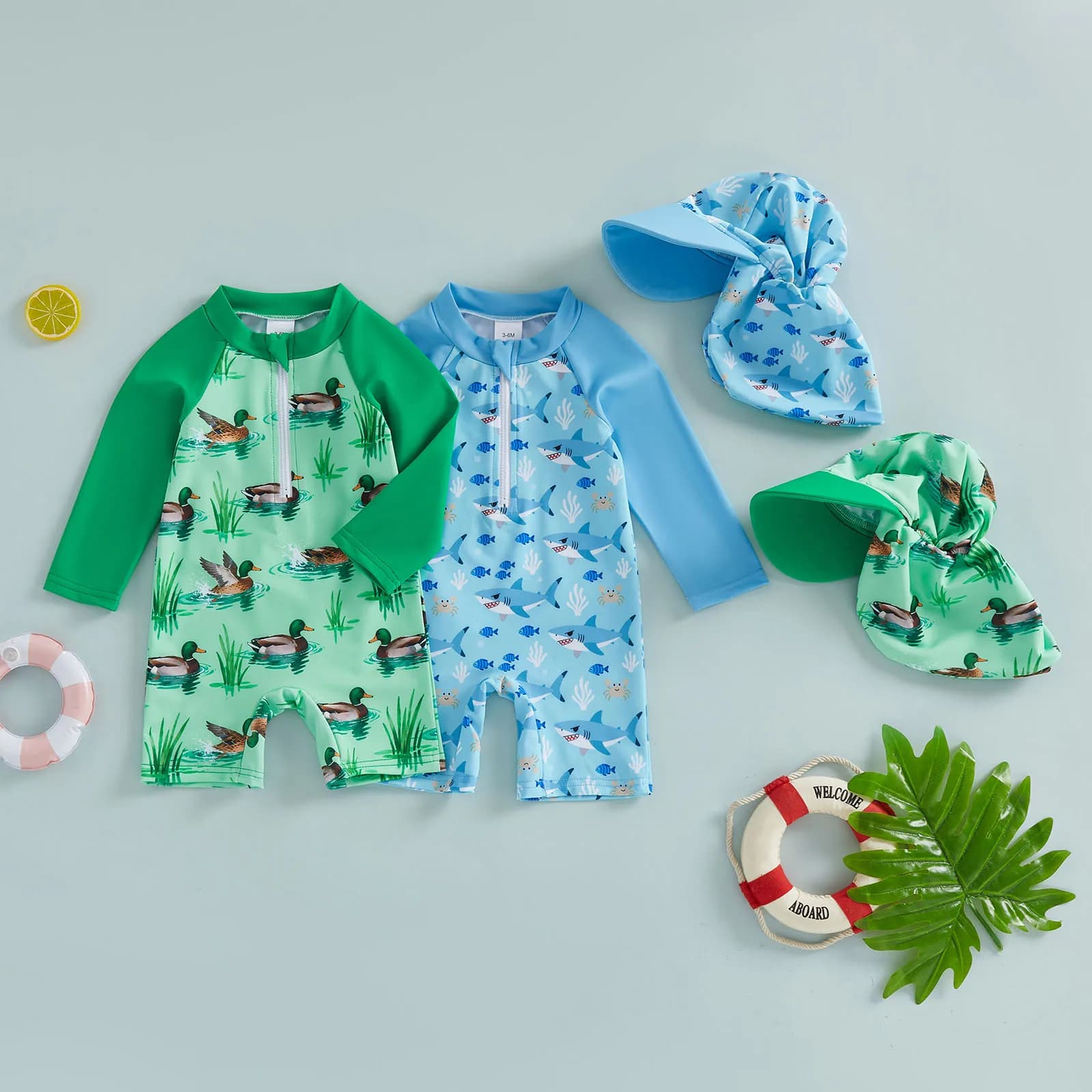 Swimwear for infants and children, with print of sharks/ancore, long sleeves, with zipper, with sun caps, summer swimsuits