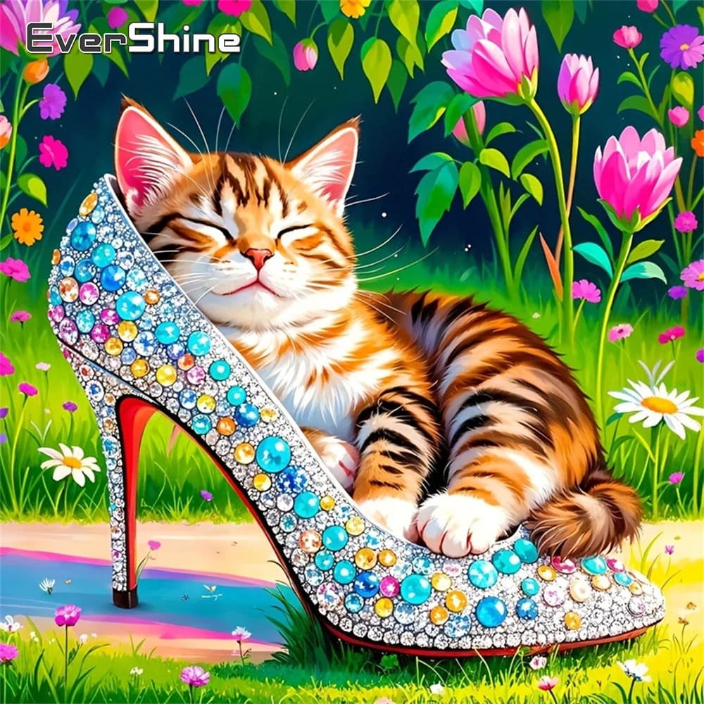 Evershine Pittura Diamantata Full Square con Strass, Ricamo a Mosaico, Tema Animale Gatto e Fiore, per Scarpe, Regalo Fai da Te per Bambini