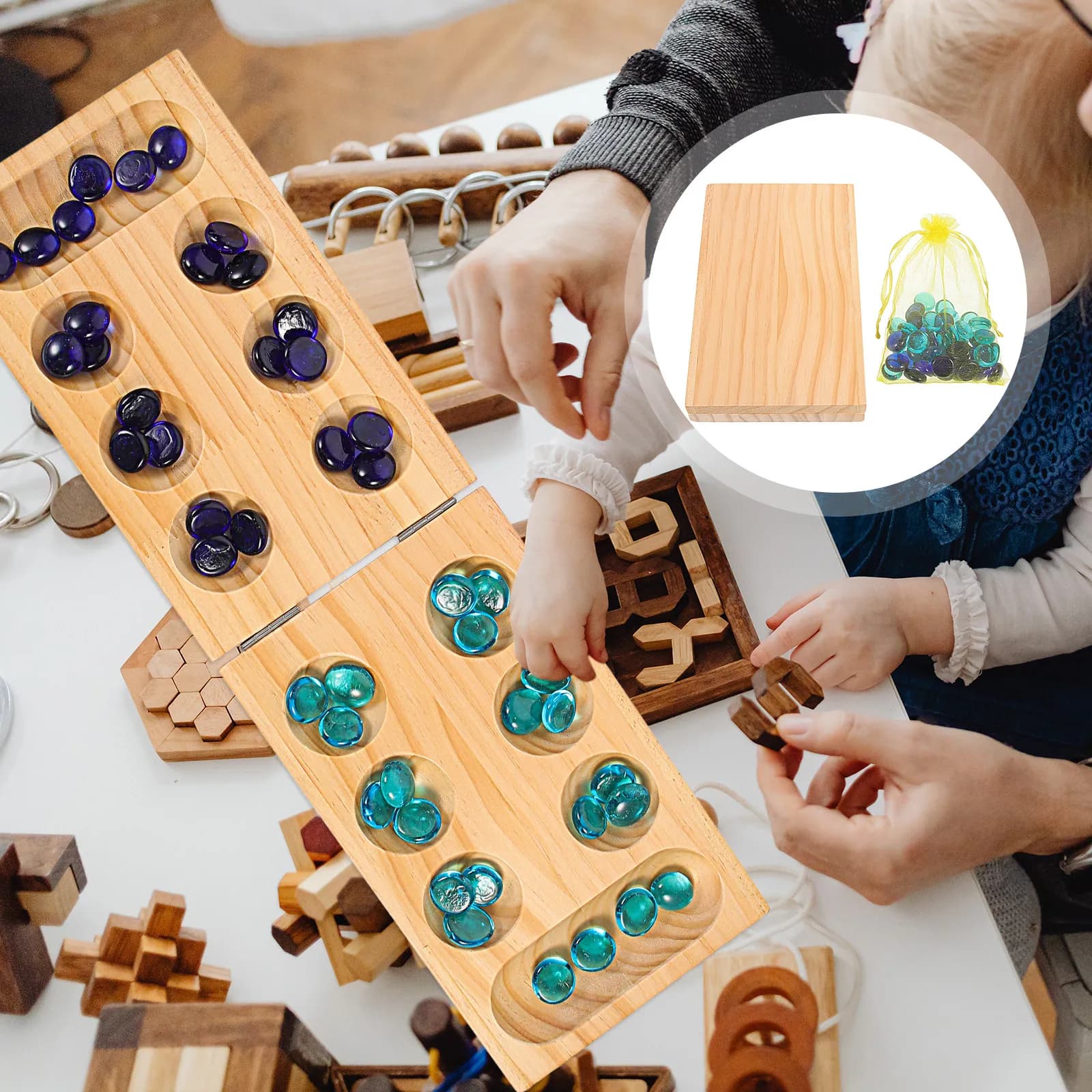 Set da Gioco Mancala Pieghevole in Legno con Pietre Preziose, Gioco da Tavolo Portatile per Intrattenimento Logico