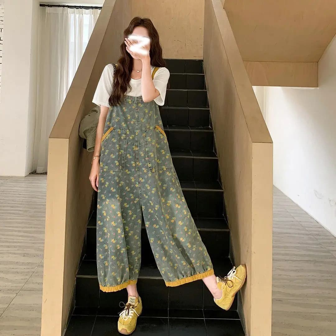 2026 Spring Summer New Denim Floral Overalls Trendy Loose Thin Suspender Wide Leg Pants Large Size Women Jeans Rompers Jumpsuit