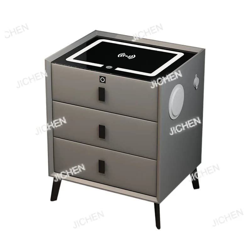Comodino JC Smart in legno massello con ricarica wireless, multifunzione, con serratura a impronta digitale e lampada.