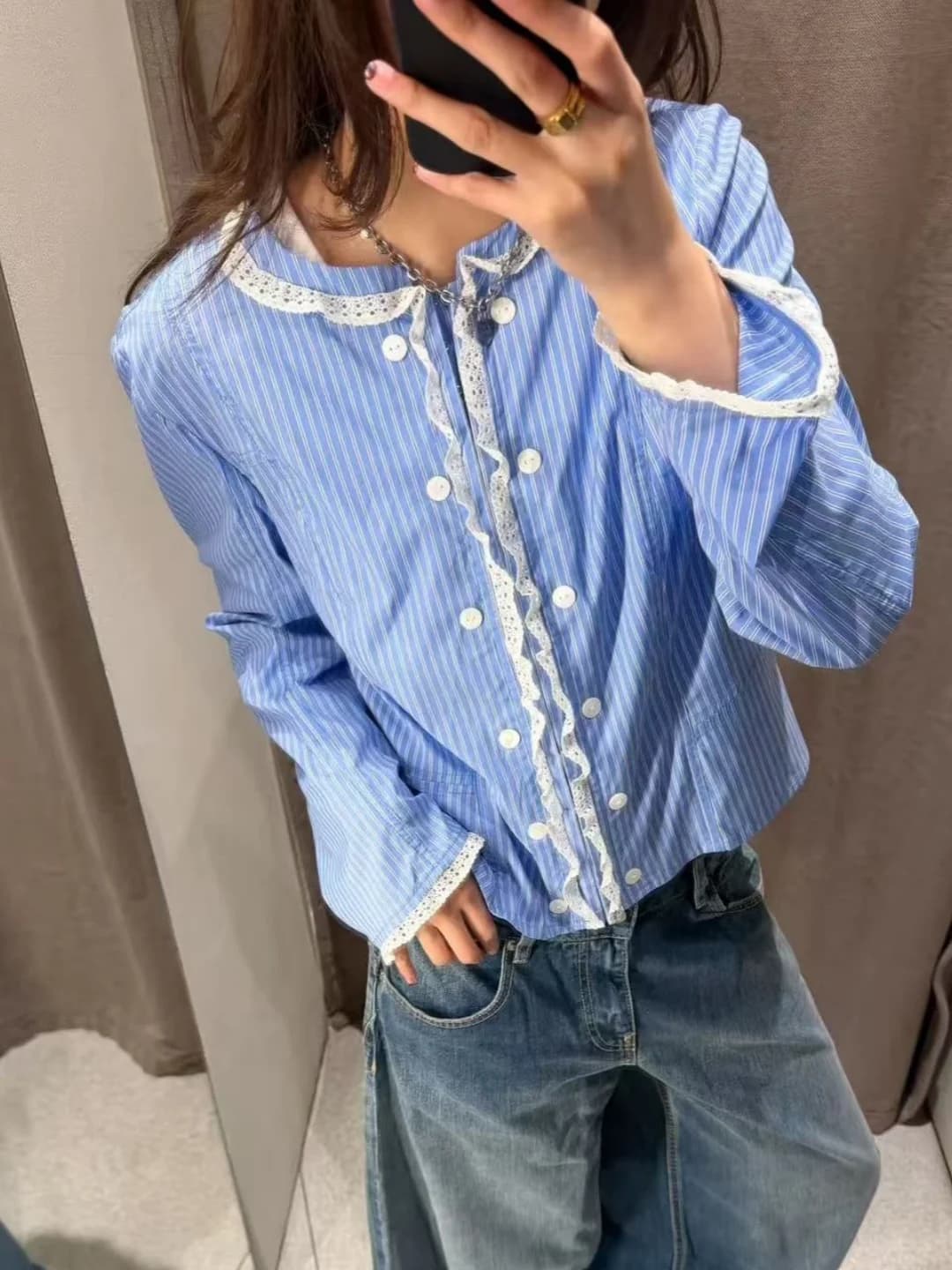 Early Autumn New Arrival Women's Pure Desire Long Sleeve round Neck Lace Trim Striped Shirt Jacket Breathable Cotton French S...