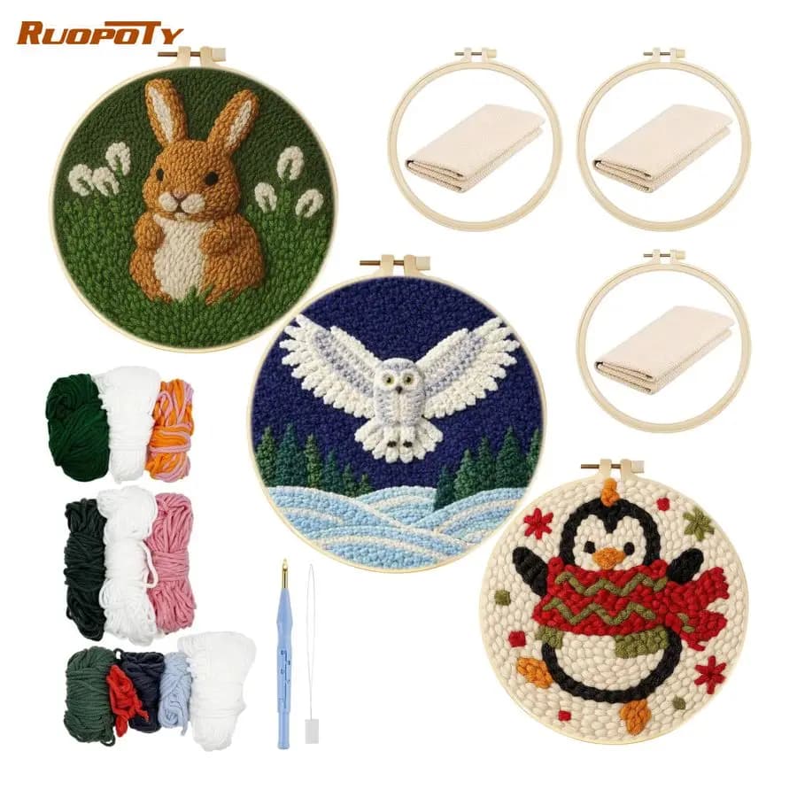 RUOPOTY Penguin Punch Needle Frame Wall Decor Adult Hobbies Animal Cross Stitch Supplies Home Decor Embroidery Patterns