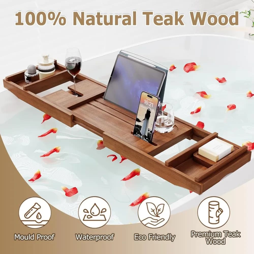Vassoio da bagno espandibile in teak con bicchiere da vino e portariviste - Contenitore da bagno in legno regolabile per un'esperienza termale rilassante