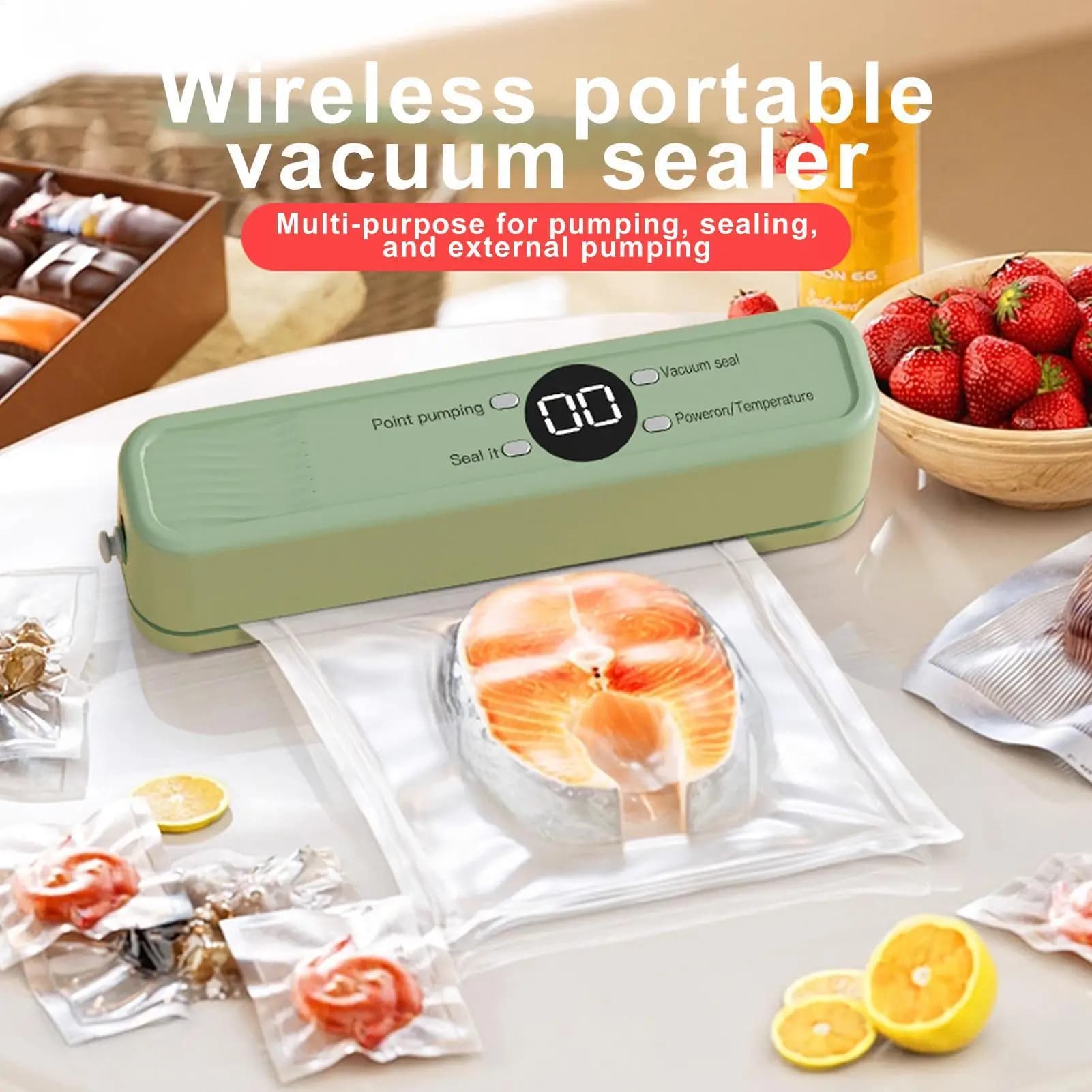 Sigillatrice sottovuoto Sistema automatico di tenuta ad aria senza fili Risparmio alimentare Sigillatrice sottovuoto per cereali interi Frutta secca Pane Carne Frutti di mare