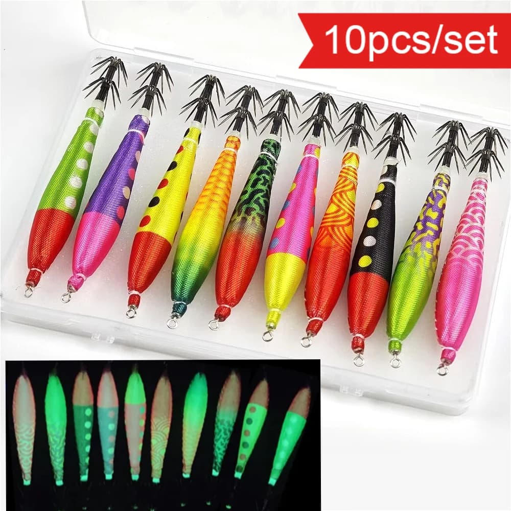 10pcs/box Luminous Squid Jig 11cm Rainbow Shrimp Lure Set Egi Set Saltwater Fishing Bait with Tackle Box Octopus Cuttlefish