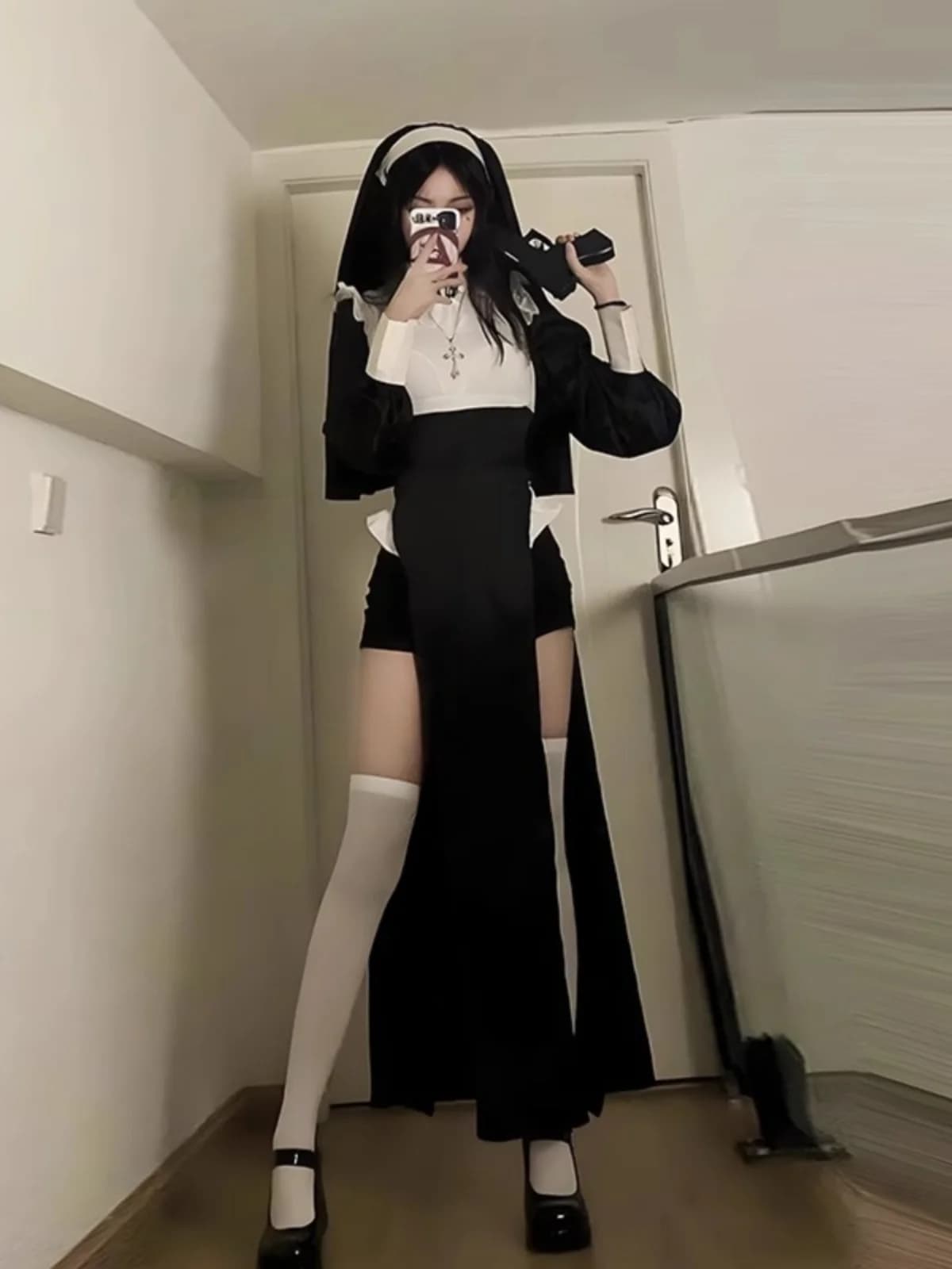 Pure Desire Sexy Nun Costume Black Elegant Dress Maid Sexy Girl Cosplay Long Skirt for Youth Spring Autumn Winter Date