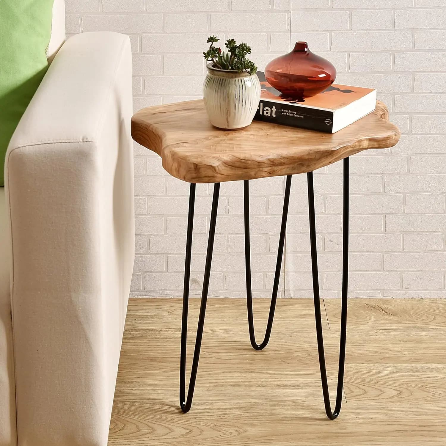 Tavolino con bordo naturale, tavolino in legno, comodino, supporto per piante, scrivania unica per soggiorno, camera da letto, arredamento in fattoria