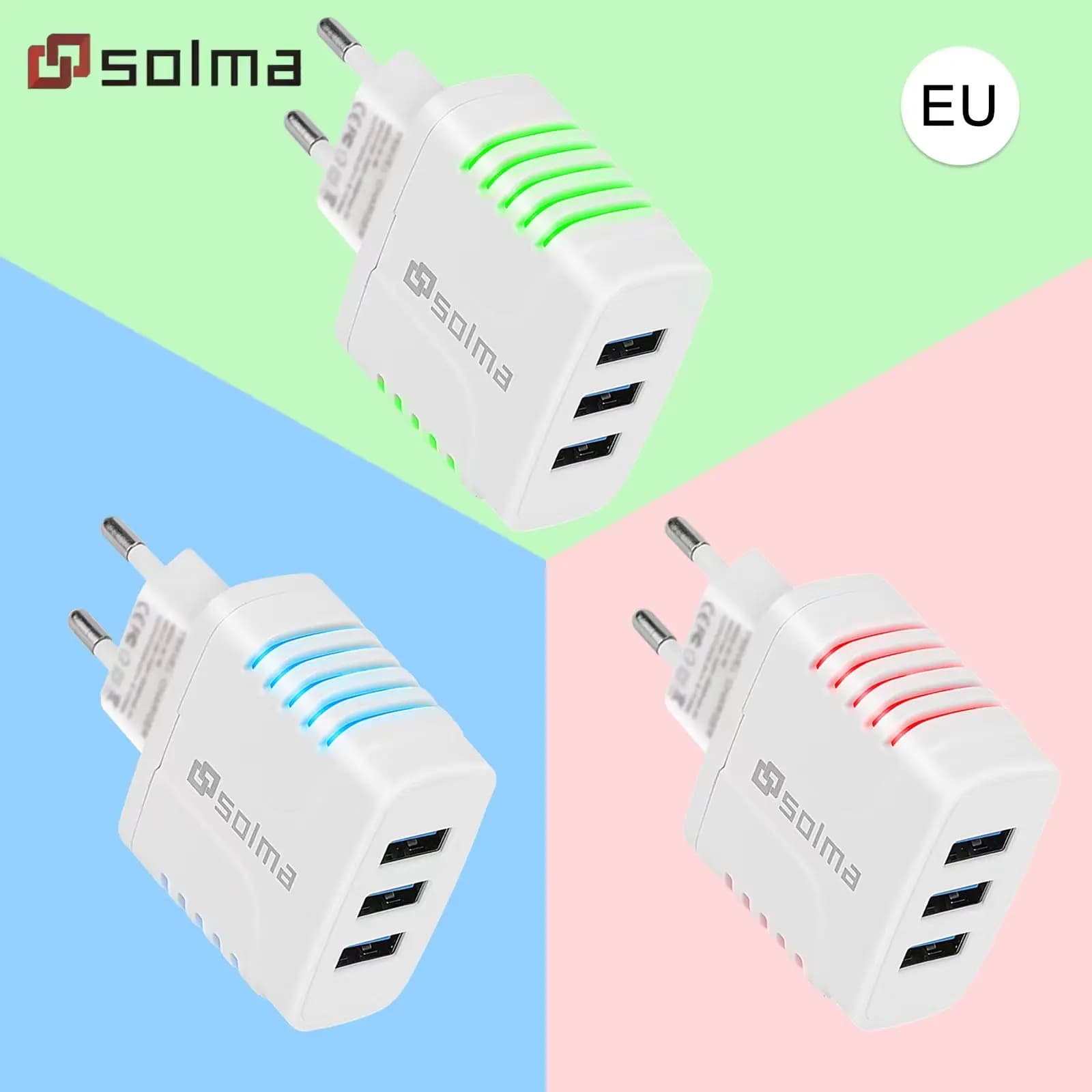 Nuovo caricabatterie LED standard UE Spina USB a 3 porte per adattatore stile universale per caricabatterie da viaggio per telefono cellulare