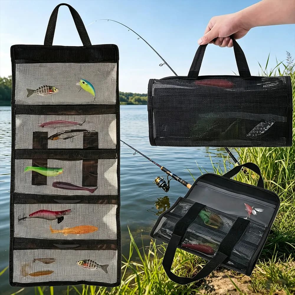 Fishing Gear Bait Bag, PVC Five Grid Iron Plate Bait Bag, Transparent Mesh Hand-held Folding Storage Bag