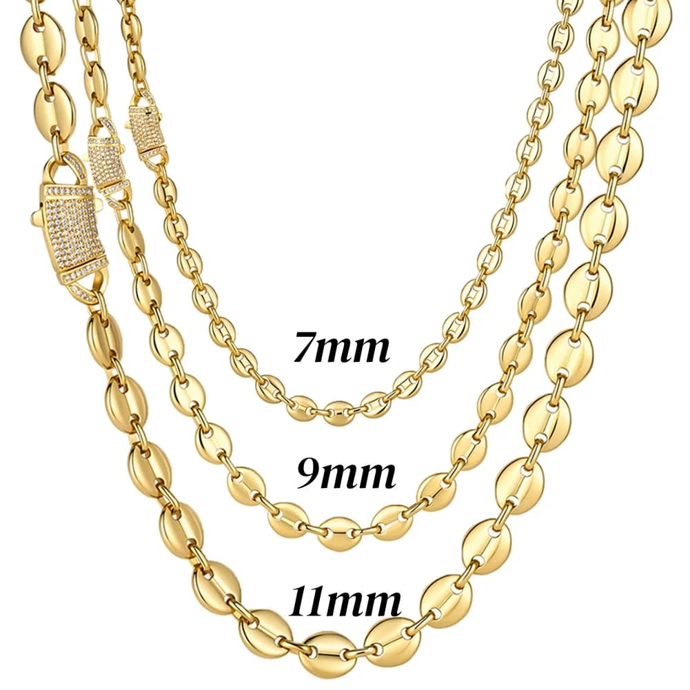 7/9/11mm Wide Fashion Jewelry Gold/Silver Color Stainless Steel Coffee Bean Chain Necklace for Women Men Gift