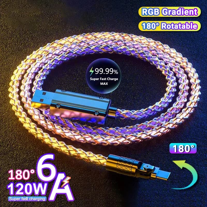 Cavo di ricarica rapida LED luminoso da 120W 180 ° Cavo di Ricarica USB A a Tipo C Micro USB RGB Rotante 6A per Xiaomi Huawei Samsung