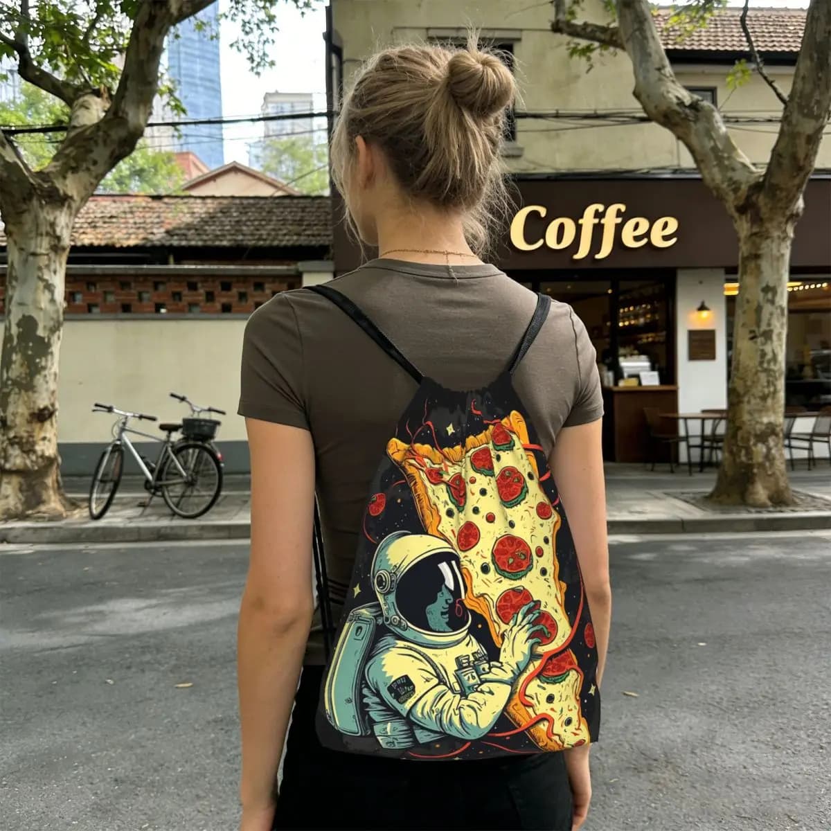 Zaini con astronauta e pizza nello spazio, zaini a sacco alla moda, borse per scarpe, borse per libri, per uomo e donna, per la scuola