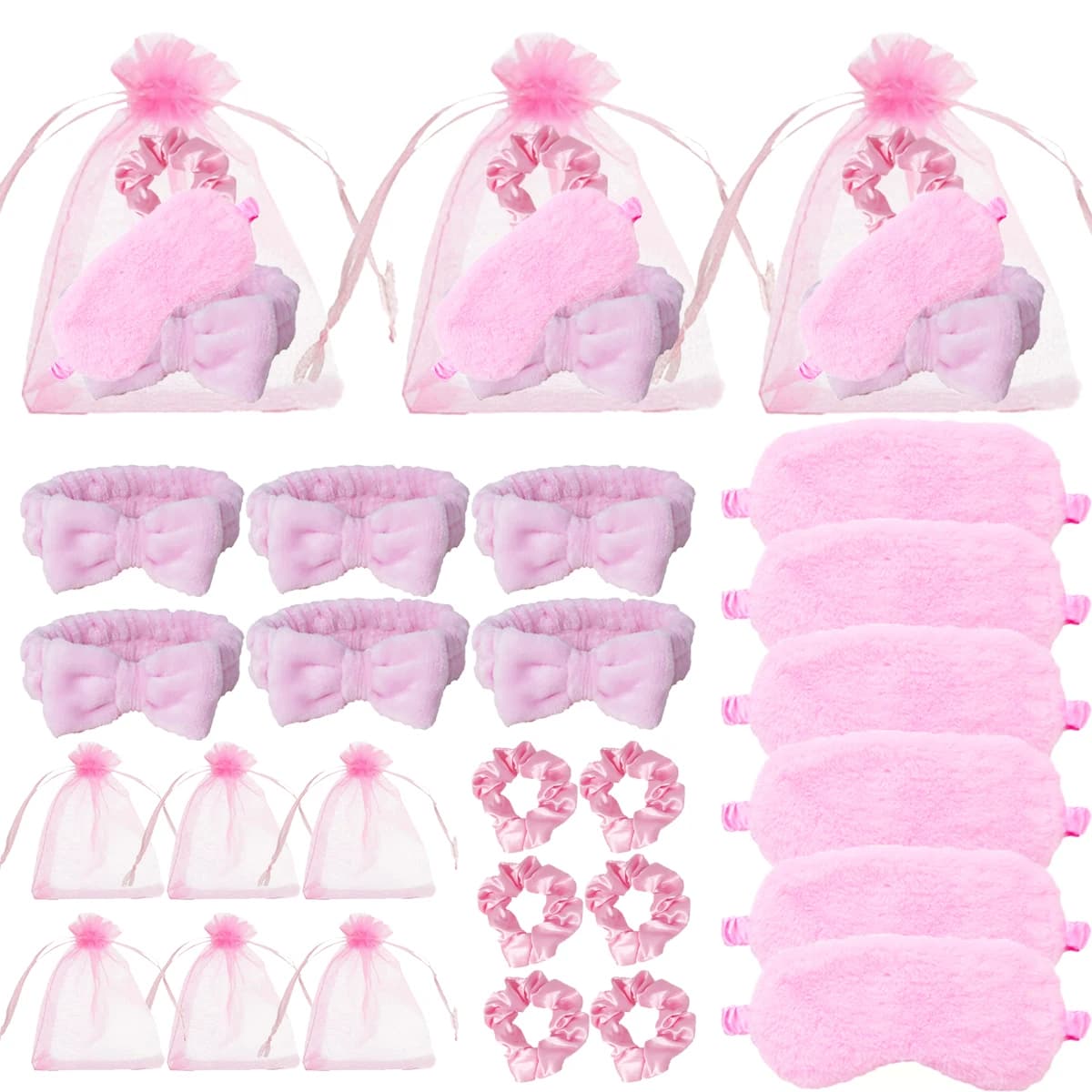 Set da 24 pezzi per la festa in pigiama – Kit regalo di nozze con fascia per capelli, occhiali da notte in peluche e borsa regalo, per parrucche in capelli veri