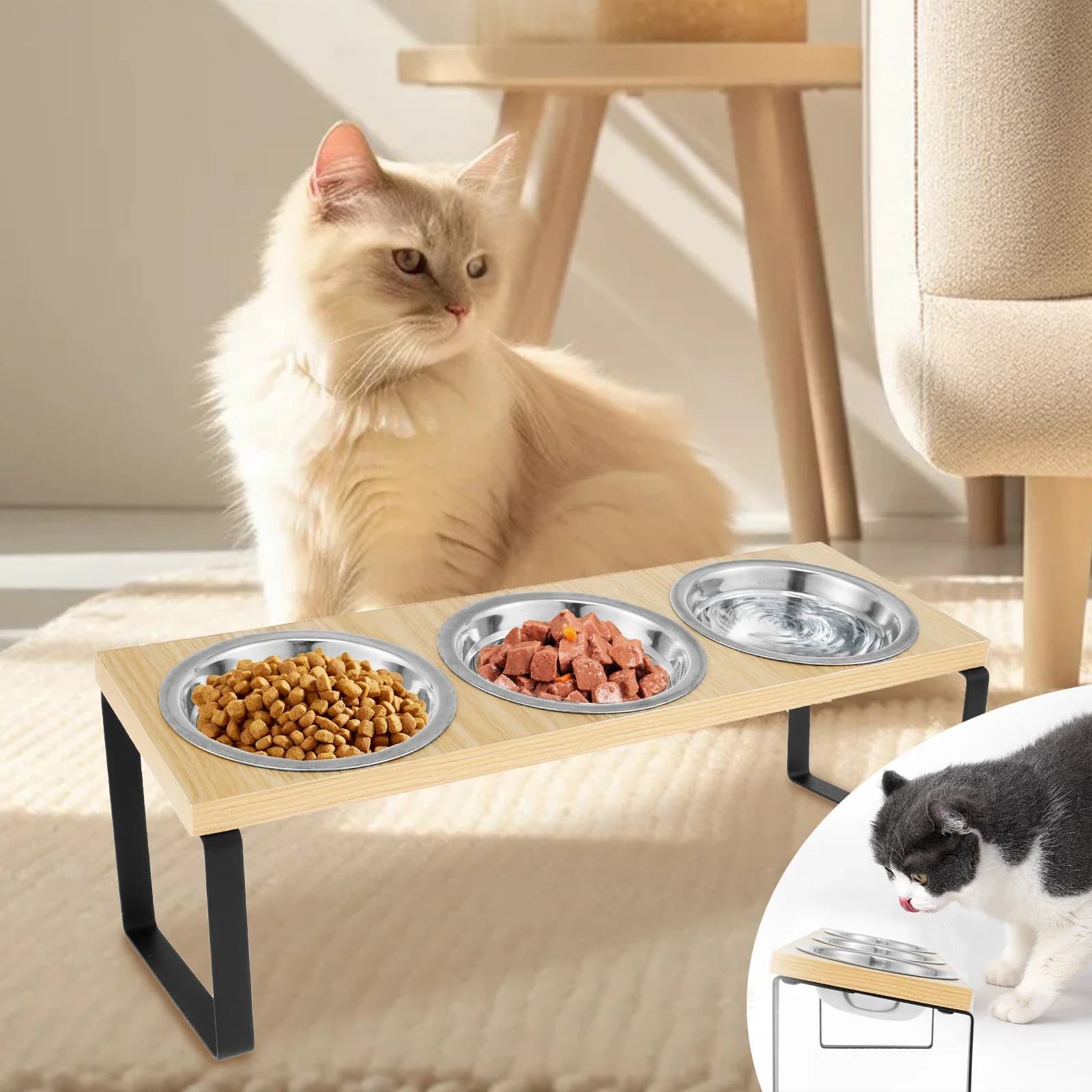 Ciotole per gatti rialzate Supporto per ciotole per gatti in legno 15 ° Contenitore per alimenti per gatti con ciotola per animali domestici in acciaio inossidabile con alimentatore rialzato inclinato per gatti