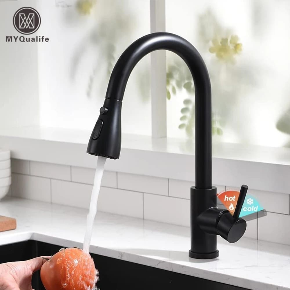 Rubinetto per lavello da cucina estraibile nero, spruzzatore a flusso montato su piano, miscelatore da cucina, bagno, cucina, rubinetto caldo freddo
