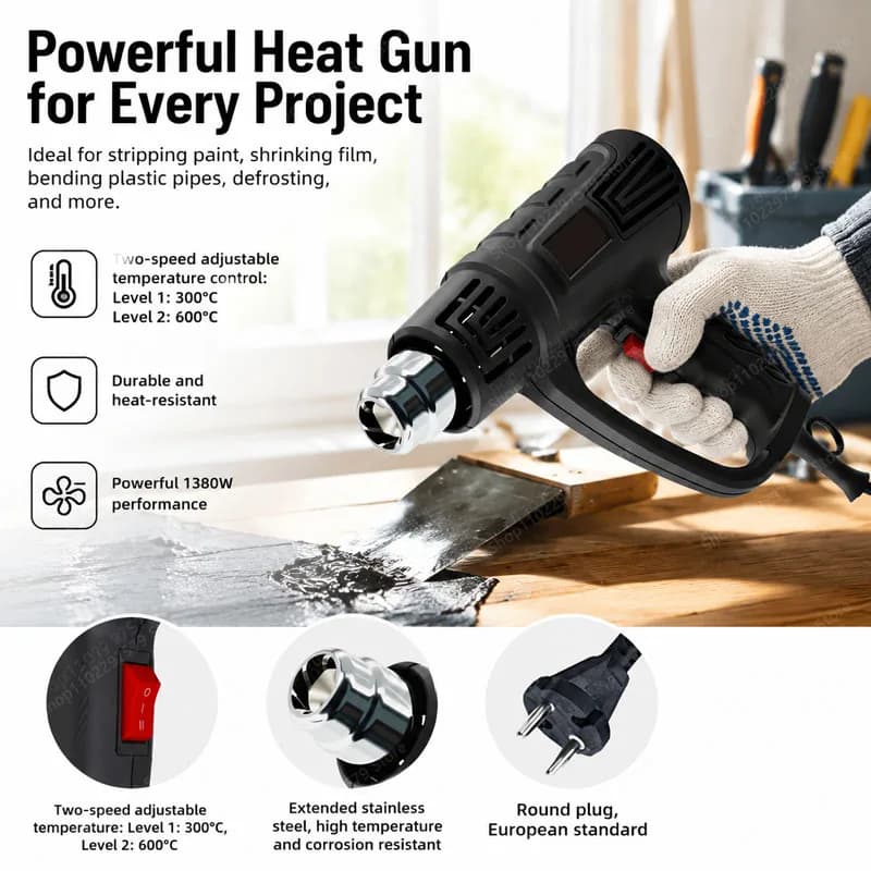 1380W Heat Gun Professional Hot Air Tool Adjustable Temperature For Paint RemovalDIY Crafting Plastic Seal Stripping Home Repair