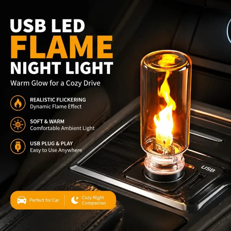 USB LED Flame Night Light, Frosted Clear Glass Flickering Dynamic Flame Lamp, Yellow Warm Bulb USB Plug-and-Play for Car