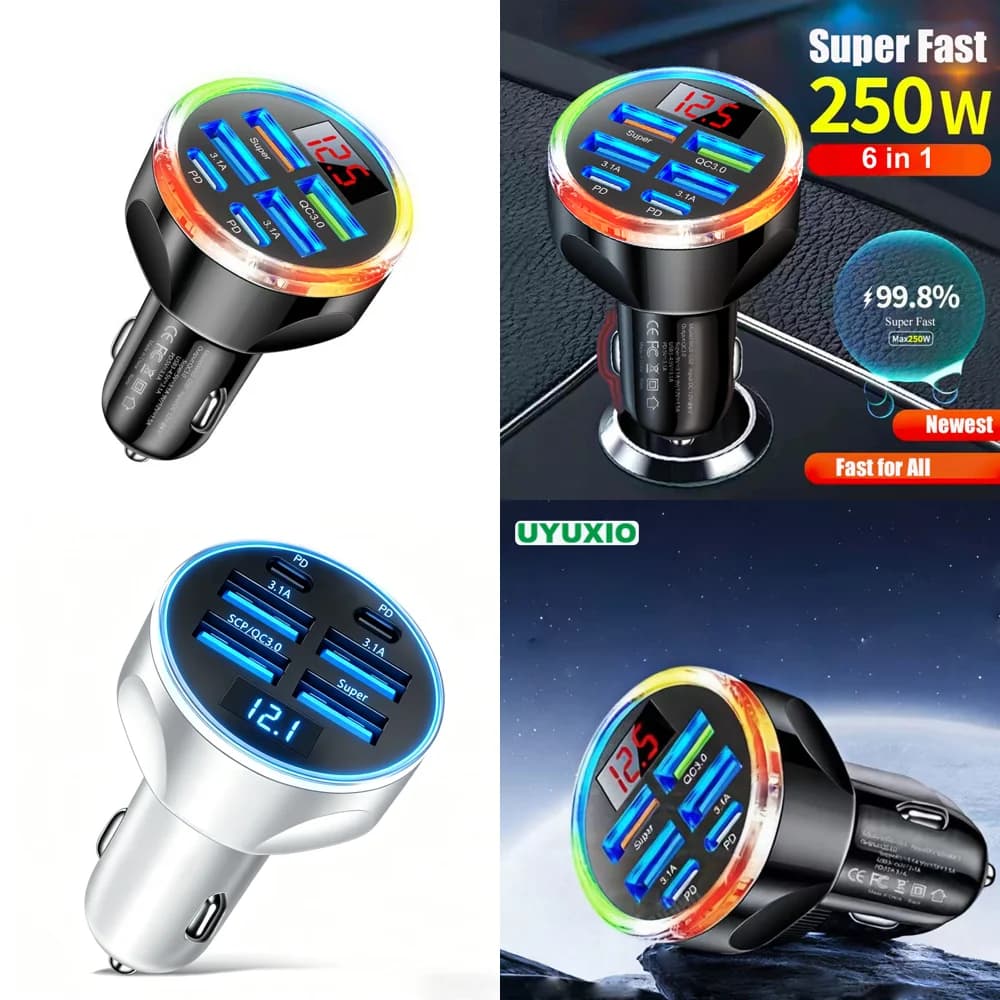 Caricabatterie USB per Auto a Ricarica Rapida Tipo C, Adattatore Multiporta 6 in 1 con Voltmetro per iPhone, Prodotti di Tendenza 2026, Nuovi Arrivi