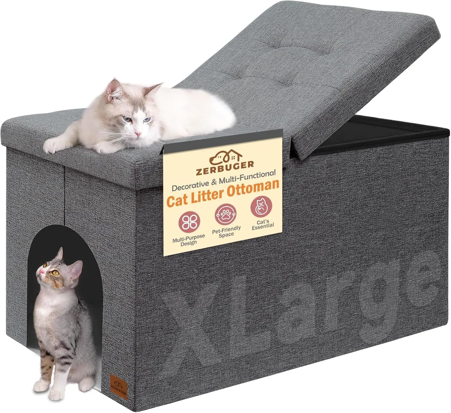 Cat Litter Box Enclosure Furniture for Odor Control, Hidden Cabinet with Flip-Up Lid, Bench with Storage Space, X-Large Grey