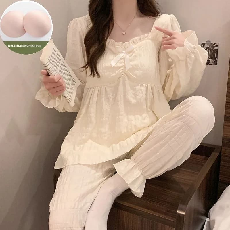 Sweet Cute Cloud Cotton Sleepwear Set Women's Spring Autumn Winter Thin Long Sleeve with Chest Pad Home Clothes V-neck Pajamas